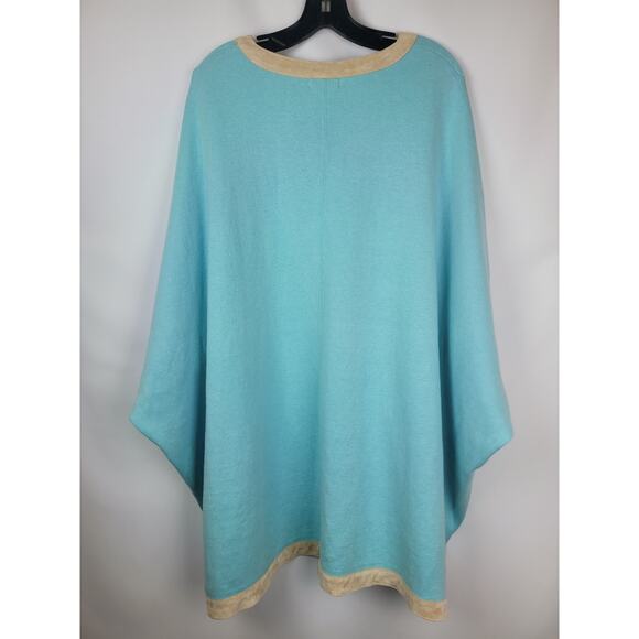 Tyler Boe NWT Women's Teal Turquoise Beige Fringe Cashmere Bland Poncho Sz XS/S - Picture 6 of 11